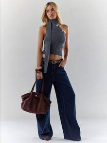 Glamine 女士时尚罗纹露肩系带针织衫 - 灰色 - 查看 3