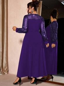 Cravure 大码女式亮片网纱拼接黑色针织面料灯笼袖连衣裙，适合夜店派对的优雅长款晚礼服 - 紫色 - 查看 2