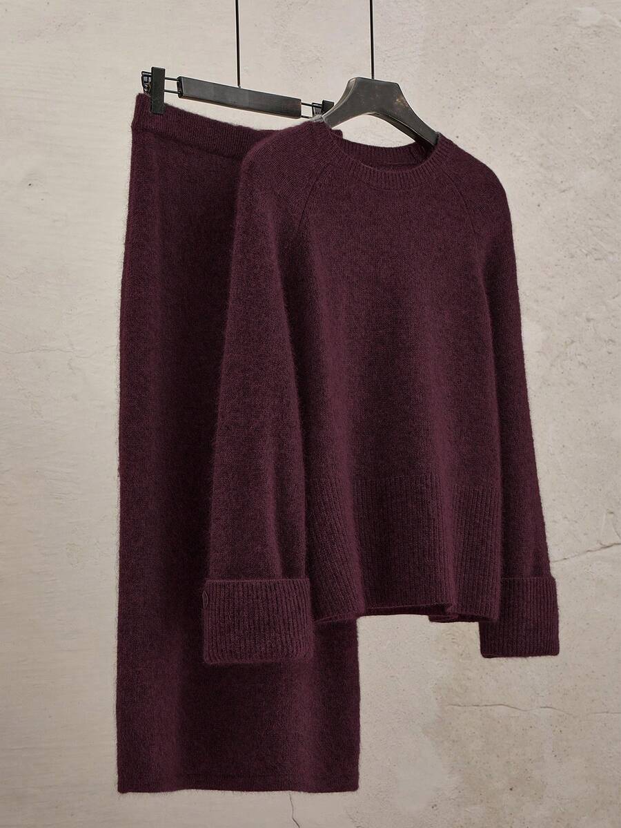 Franclia 女士纯色简约日常穿搭圆领长袖上衣和针织衫两件套 - 酒紅色 - 查看 1