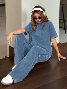 SHEIN EZwear Autumn/Winter Casual Home Round Neck Short Sleeve Straight Leg Pants Distressed Washed Loose Set - Blue - View 3