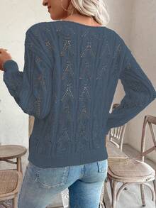 SHEIN LUNE Vacation Style Casual Hollow Floral Pattern Off-Shoulder Loose Pullover Sweater - Navy Blue - View 2