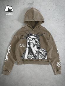 PAVTROS 男士宽松印花连帽衫 - 咖啡棕 - 查看 3