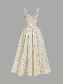 SHEIN MOD 女式复古碎花褶饰腰部优雅中长连衣裙、女士度假装、女士夏季装、女士西部装、乡村装、海滩度假装、情人节装、女士波西米亚风连衣裙