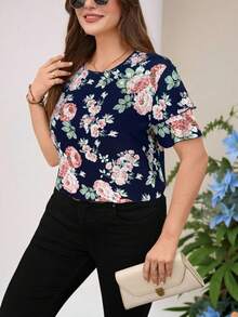 SHEIN Clasi 大码优雅度假风印花荷叶边短袖衬衫 - 藏蓝色 - 查看 5