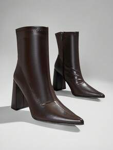 SHUZIA 女士时尚舒适弹力PU踝高跟短靴 - 棕色 - 查看 6