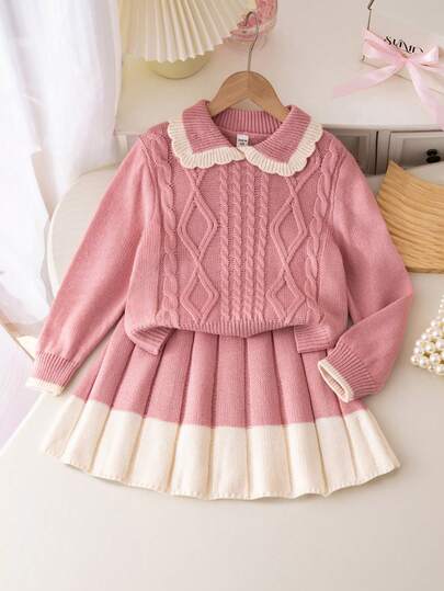 Girls Collared Twist Rope Long Sleeve Sweater Dress Set, Cute & Minimalist Style Girls Sweater Sets Girls Spring Autumn French Style Dress Girl Clothes Autumn And Winter Clothes Girl Clothes Skirt Set Girls Dress Winter Girls Winter Clothes Girls Autumn Clothes Girls French Style Dress