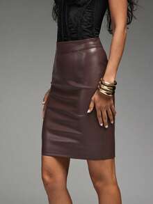 Hauture Women's Solid Color High Waist PU Leather Fashionable Bodycon Skirt - Brown - View 3