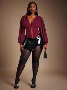 Radiana Plus Size Women's Chiffon Shoulder Ruched Waist Fishbone Black Shirt, Autumn/Winter New Arrival/Valentine's Day - Red - View 6