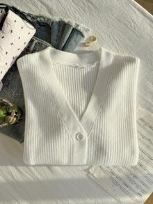Comfortcana Cardigan Rajut Bergaris Polos Kasual Ukuran Besar dengan Bahu Jatuh, Sweater Cardigan Putih, Pakaian Musim Gugur untuk Wanita - Putih - View 7