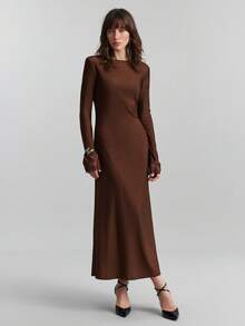 Ontre 女士棕色纹理高弹舒适面料露背蕾丝拼接V领露背前襟常规肩长袖美人鱼廓形复古邮轮度假风时尚都市休闲商务正式办公室连衣裙，优雅低调复古风格，高品质机场时尚，四季皆宜的美丽长裙，派对必备棕色长裙棕色婚礼宾客礼服棕色优雅连衣裙女士长袖优雅连衣裙棕色性感连衣裙情人节特别设计高端、优雅、复古 - 棕色 - 查看 5