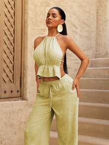 Sirith 女士度假纯色荷叶边吊带上衣和阔腿裤两件套 - 杏色 - 查看 5