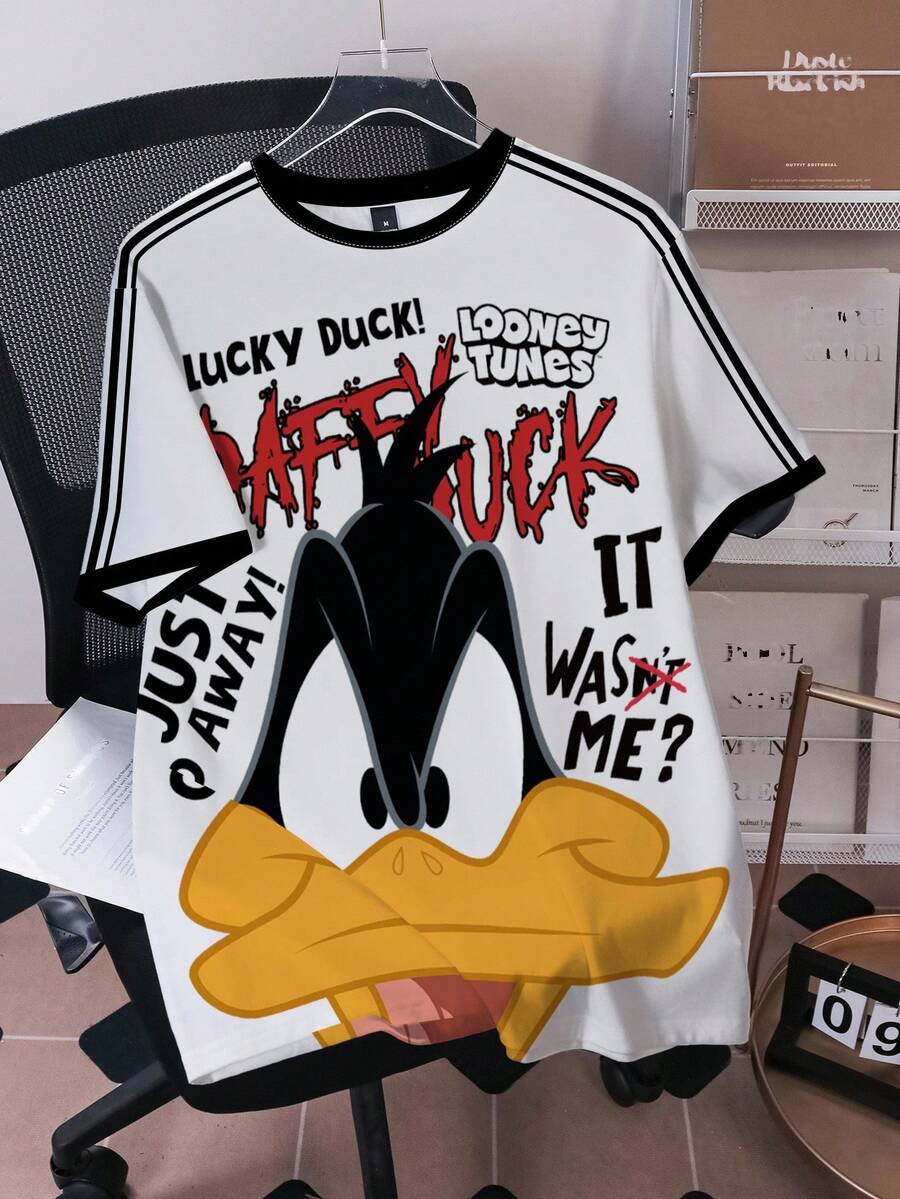LOONEY TUNES X SHEIN Men's Letter & Cartoon Pattern Short Sleeve T-Shirt - White - View 1