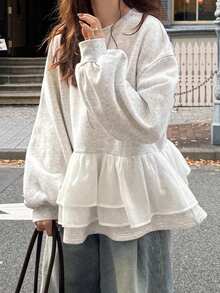 FRIFUL Women's Round Neck Thermal Lined Thick Sweatshirt With Ruffled Mesh Hem, Loose Fit Multi-Layered Cake Hem Casual Pullover - Dark Grey - View 5