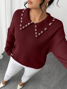 SHEIN Elenzya Jersey de cuello de perlas de unicolor minimalista para mujer - Burdeos - Ver 1