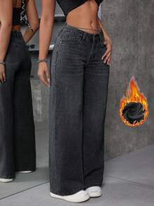 SHEIN ICON Women's Warm Thermal Lined V-Shape Low Waist Denim Jeans For Winter - Black - View 4