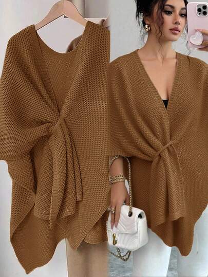 Franclia New Autumn/Winter Casual Elegant Knitted Cardigan Shawl For Women Brown Blouses Brown Cover Up Coffee Brown Top Brown Cardigan Knitted Cover Up