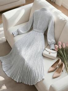 GlowEve CURVE 大码秋季休闲优雅收腰复古波点长袖连衣裙 - 黑與白 - 查看 2