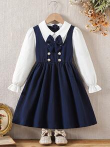 SHEIN Elladie kids 女童藏蓝色彼得潘领双排扣褶裥下摆长袖两用连衣裙，适合休闲、优雅、通勤、校园等场合。 - 寶藍色 - 查看 3