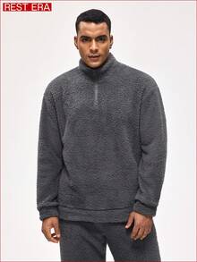 Rest Era 男士纯色半开襟拉链长袖家居服上衣，蓬松冬季款 - 灰色 - 查看 5