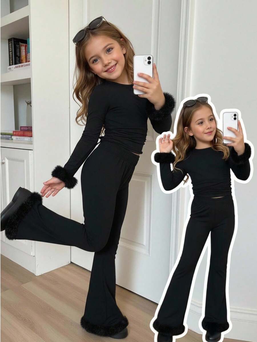 SHEIN Bộ 2 áo thun trơn cổ tròn xếp ly thường ngày và quần ống loe ôm sát cho bé gái - màu đen - Xem 1