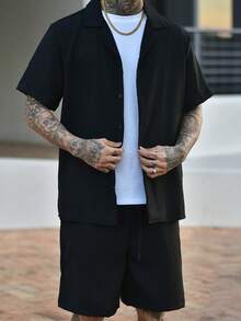 Devon Thys 男士两件套时尚欧式提花品牌休闲宽松衬衫和裤子套装，情侣海滩度假装，适合送给丈夫/男朋友的礼物，舒适服装 - 黑色 - 查看 3