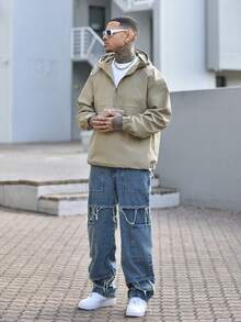 Devon Thys Grunge Goth Y2K Style Fashion Casual Fringe Young Street Chic College Sports Loose Straight Wide Leg Versatile Casual Men Jeans Pants - Blue - View 1