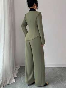 SHEIN Elenzya 优雅通勤撞色披肩领夹克和裤子套装 - 軍綠色 - 查看 2