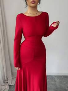 Selianne 2025 Red Autumn Elegant Dining Dress Women's French Style High Elasticity Knit Ruched Split Crew Neck Fitted Vintage Formal Party Wear - Burgundy - View 2
