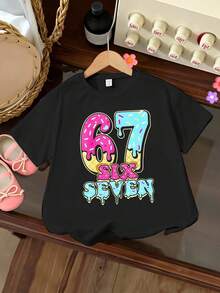 女童短袖T恤，67 Six Seven甜甜圈图案印花，适合春夏穿着，休闲可爱，时尚百搭。 - 黑色 - 查看 3