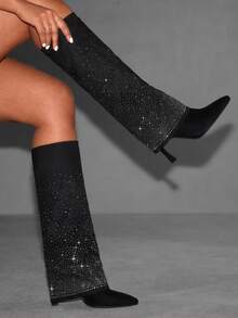 CUCCOO SZL Botas altas para mujer de tacón fino y puntera estrecha, de estilo casual y moda - Negro - Ver 3