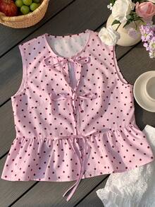 Comfortcana 女士休闲粉黑波点印花系带无袖衬衫，夏季粉色荷叶边上衣，优雅，适合度假、休闲、Y2K风格，春夏情人节、海滩生日派对、婚礼外出等场合。 - 粉色 - 查看 7