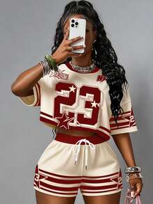 Slaydiva 两件套女士休闲运动街头风圆领短袖T恤和短裤，宽松雪花图案T恤套装 - 彩色 - 查看 3