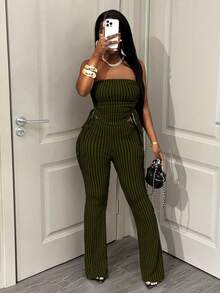 Zolique Women's Sexy Striped Bandeau Top And Pants 2 Pieces Set - Olive Green - View 5