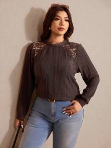 Elaquor تي شيرت نسائية أنيقة بأكمام طويلة وتطريز دانتيل بتصميم متباين للمقاسات الكبيرة - قهوة بني - مشاهدة 6