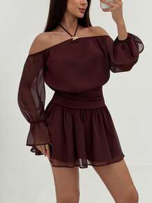 Aloruh Váy ngắn hở vai màu trơn gợi cảm thời trang dành cho nữ - Màu Khaki - Xem 8