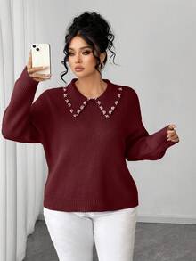 SHEIN Elenzya Jersey de cuello de perlas de unicolor minimalista para mujer - Burdeos - Ver 4