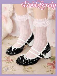 Dola Lovely Women's Polka Dot Satin Cute Lolita Black Thick Heel Round Toe Pumps, Suitable For Halloween, Christmas, Thanksgiving, Autumn/Winter Valentine's Day - Black - View 4