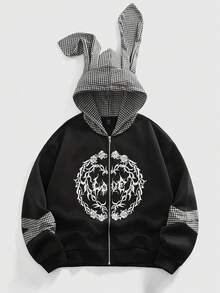 ROMWE MEN Anime Men's Houndstooth Patchwork 3D Ear Design Zipper Front Casual Hoodie, Long Sleeve Top - Black - View 1