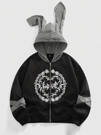 Anime Felpa casual con cappuccio da uomo, manica lunga, con cerniera frontale, design 3D a orecchie e patchwork a quadri pied-de-poule