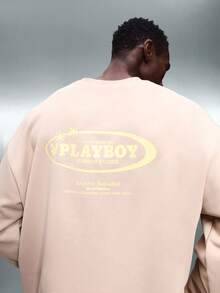 PLAYBOY X SUMWON Sweat-shirt-shirt oversize à manches longues avec imprimé pleine surface au dos et petit logo poitrine pour hommes, streetwear casual - Kaki - Voir 1