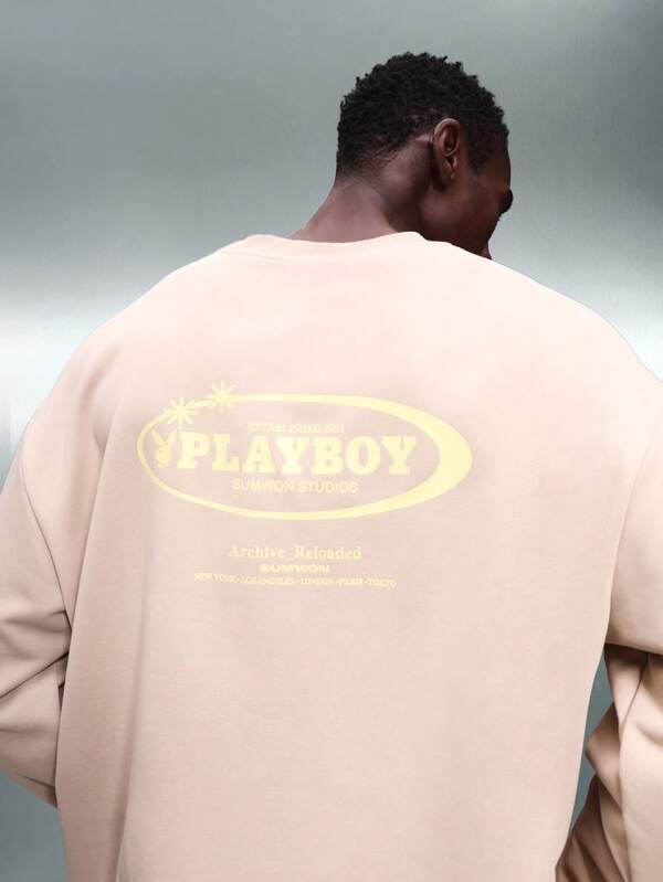 PLAYBOY X SUMWON Crop Fit Archive Reloaded Oversized Long Sleeve Sweatshirt With Full Back Print And Small Chest Logo For Men Casual Streetwear