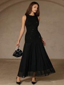 Chiquease 优雅派对度假连衣裙，黑色水钻网纱拼接A字修身连衣裙，无袖，后背隐形拉链。 - 黑色 - 查看 6