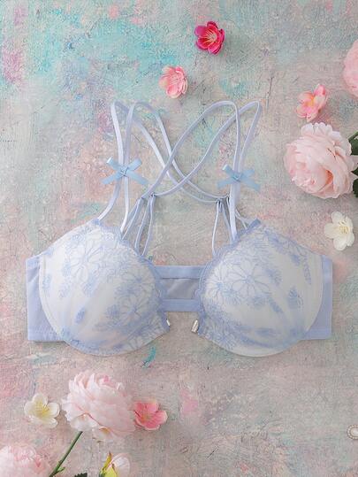 FloralLove Sujetador balconette romántico y cómodo para mujeres con cierre frontal, aros, relleno, espalda cruzada y bordado floral