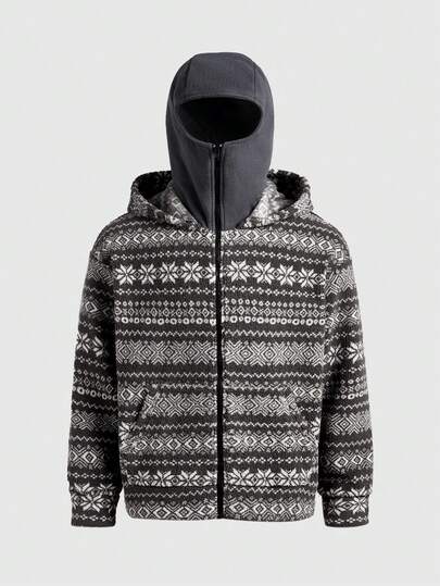 Friday the 13th X ROMWE Men's Geometric Print Zip-Up Mask Hooded Sweatshirt, Warm For Autumn/Winter