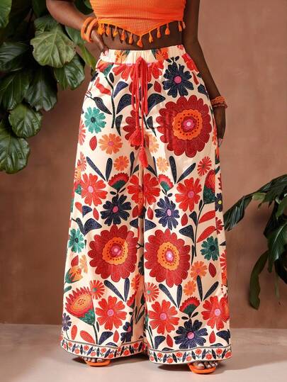 Veslaya Music Festival Vacation Resort Women's Full-Length Floral Print Pattern Resort Wide Leg Pants