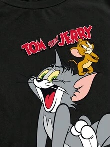 TOM & JERRY X SHEIN 女士休闲卡通字母印花长袖修身短款 T 恤，春/秋 - 黑色 - 查看 3