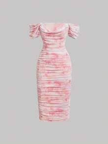 SHEIN MOD 正韻印花設計,荷葉邊設計露肩女裝連身裙 - 粉色 - 查看 1