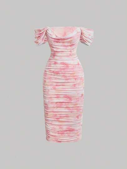 SHEIN MOD Vestido De Mujer Con Escote De Hombros Descubiertos Volantes Y Estampado Floral