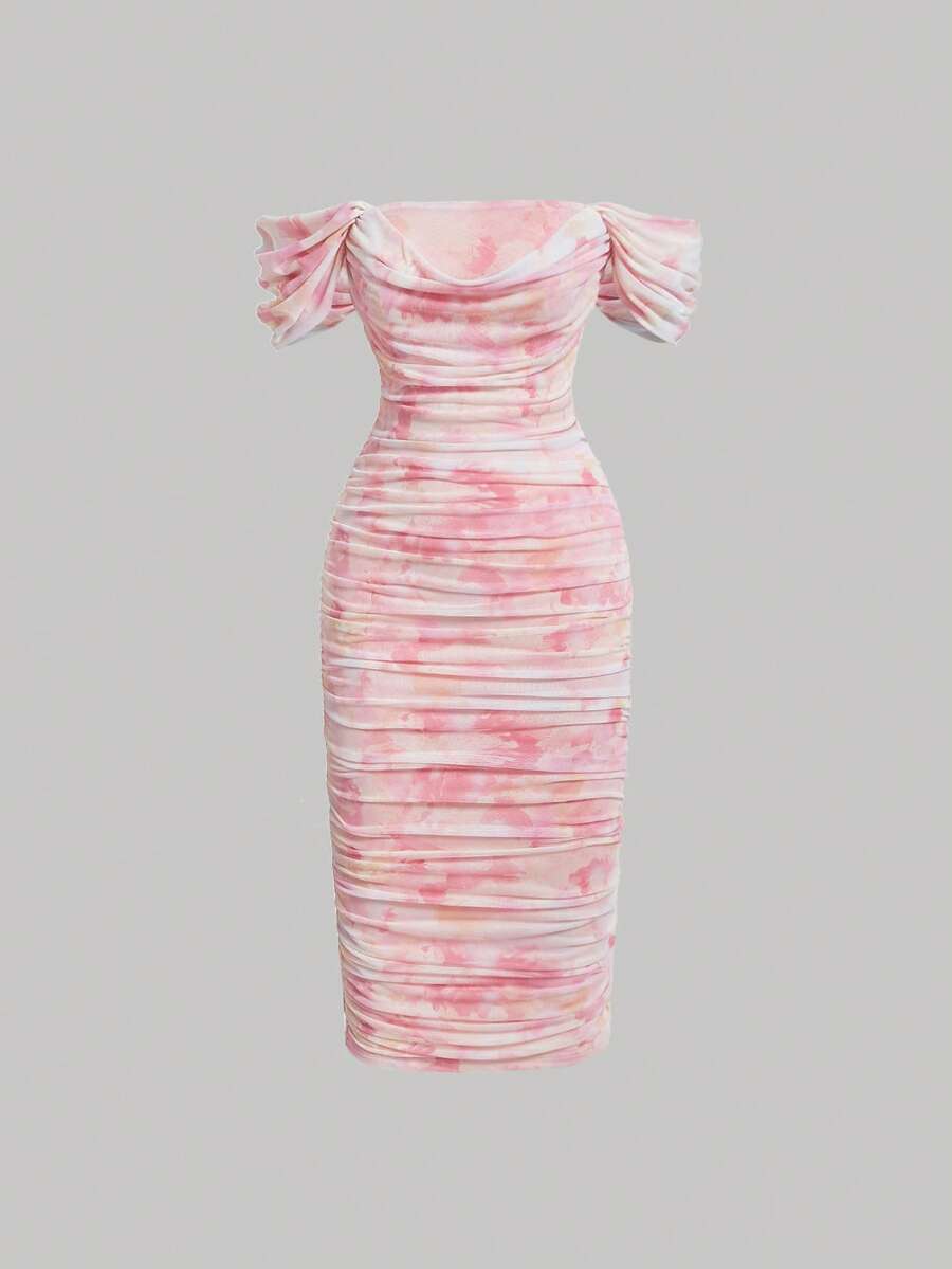 SHEIN MOD 正韻印花設計,荷葉邊設計露肩女裝連身裙 - 粉色 - 查看 1