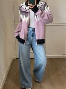 DAZY 女士撞色提花宽松拉链休闲街头风针织开衫，秋冬款 - 紫色 - 查看 3